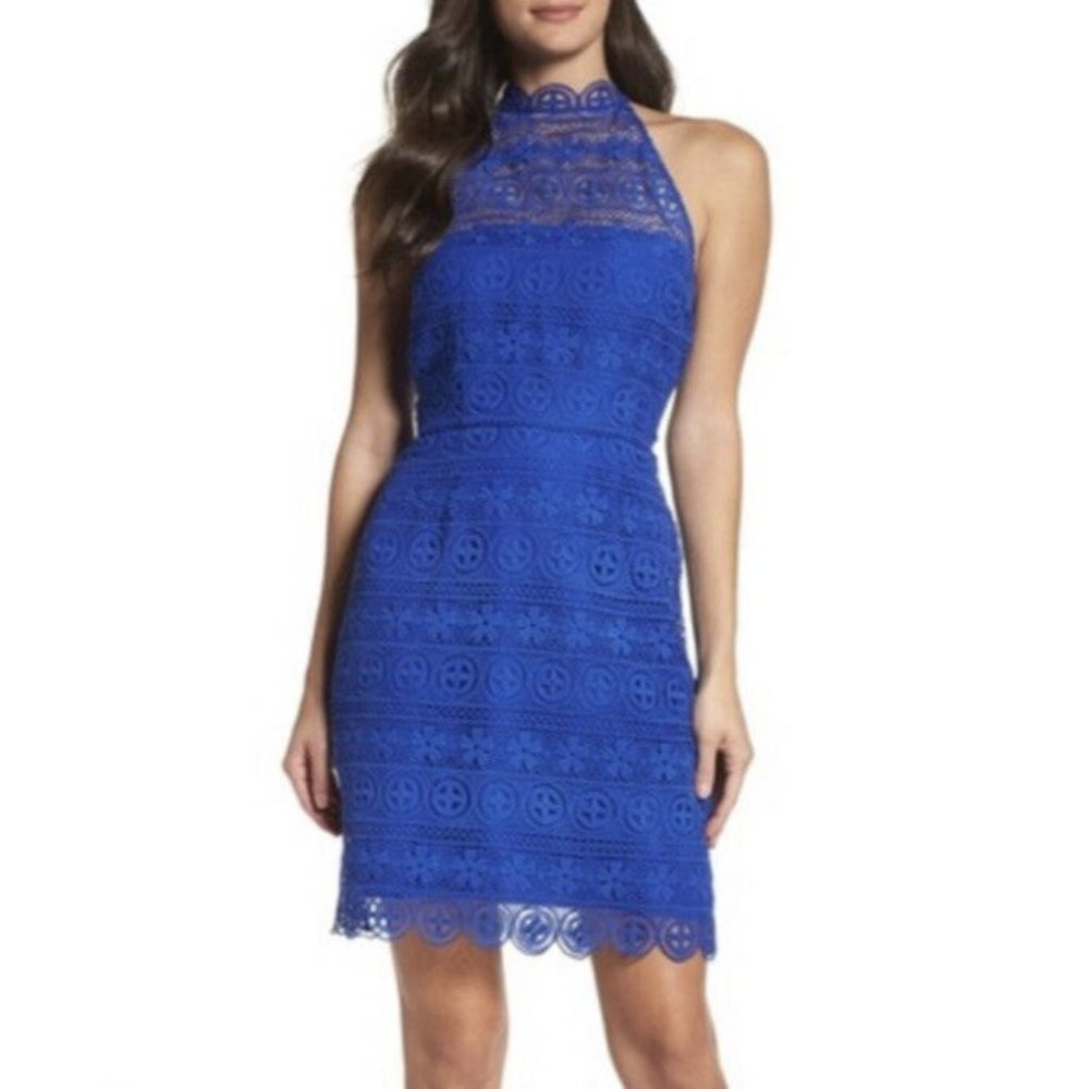 BB Dakota Women's Navy Blue Halter Sleeveless Lace Sheath Pencil Dress Size 0